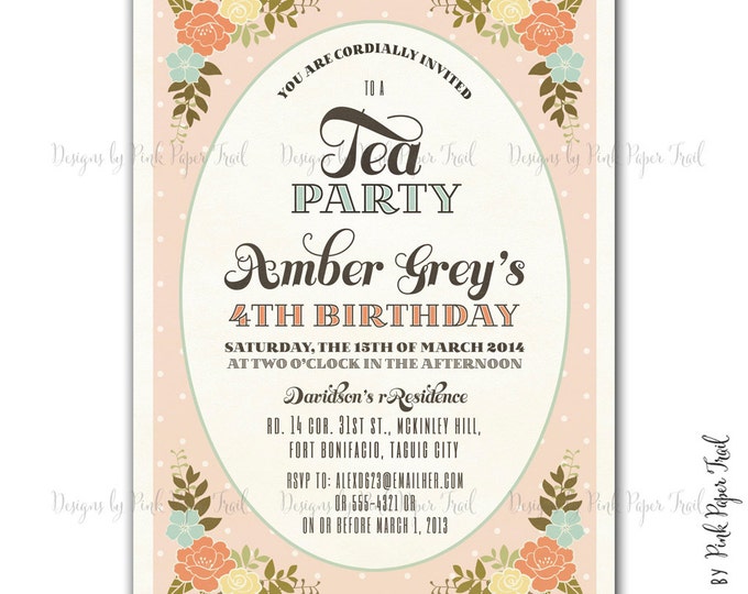 Shabby Chic Floral Tea Party Invitation v.4, I will customize for you, Printable , Wedding, Bridal Shower, Baby Shower, Birthdays