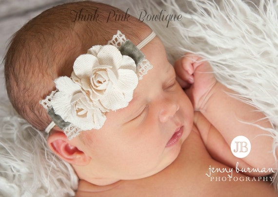 Baby Heaband,Baby headbands, Newborn Headband, Infant Headband, Baby girl Headband,Grey headband,Burlap Headband,Flower Headband, Hair Bows by ThinkPinkBows