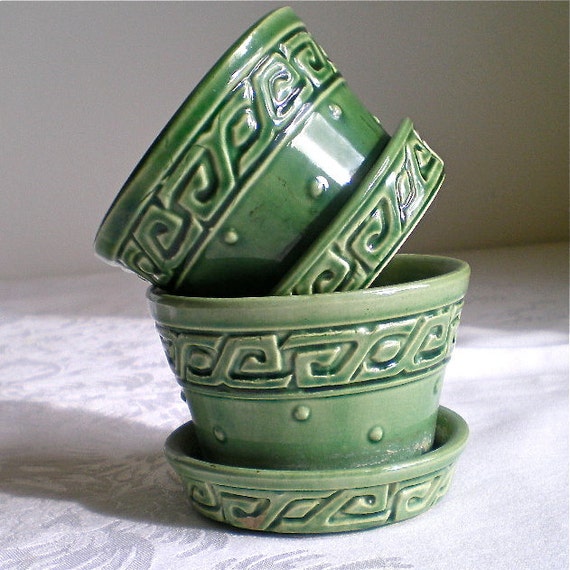 McCoy Pottery Flower Pots Emerald Green Planters Vintage