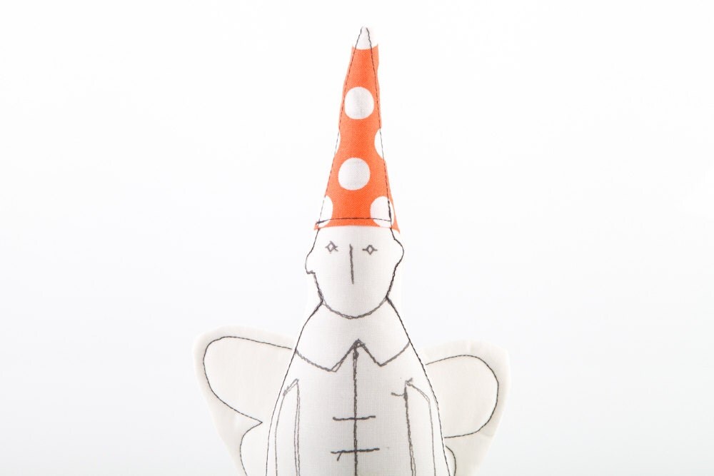 Soft sculpture Black & White guardian angel with white wings wearing white orange polka dots pointed hat- handmade fabric decoration doll