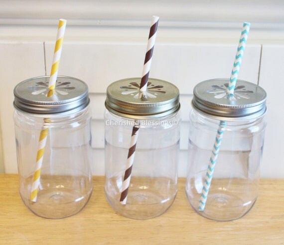 Plastic Mason Jars w/ Colored Daisy Lids, 10 Plastic Mason Jar Glasses, Kids Birthday Party Table Setting, Wedding Baby Shower Favors 17oz Il_570xn