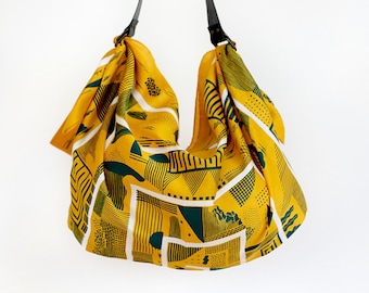 Maze furoshiki bag (mustard) & black leather carry strap set