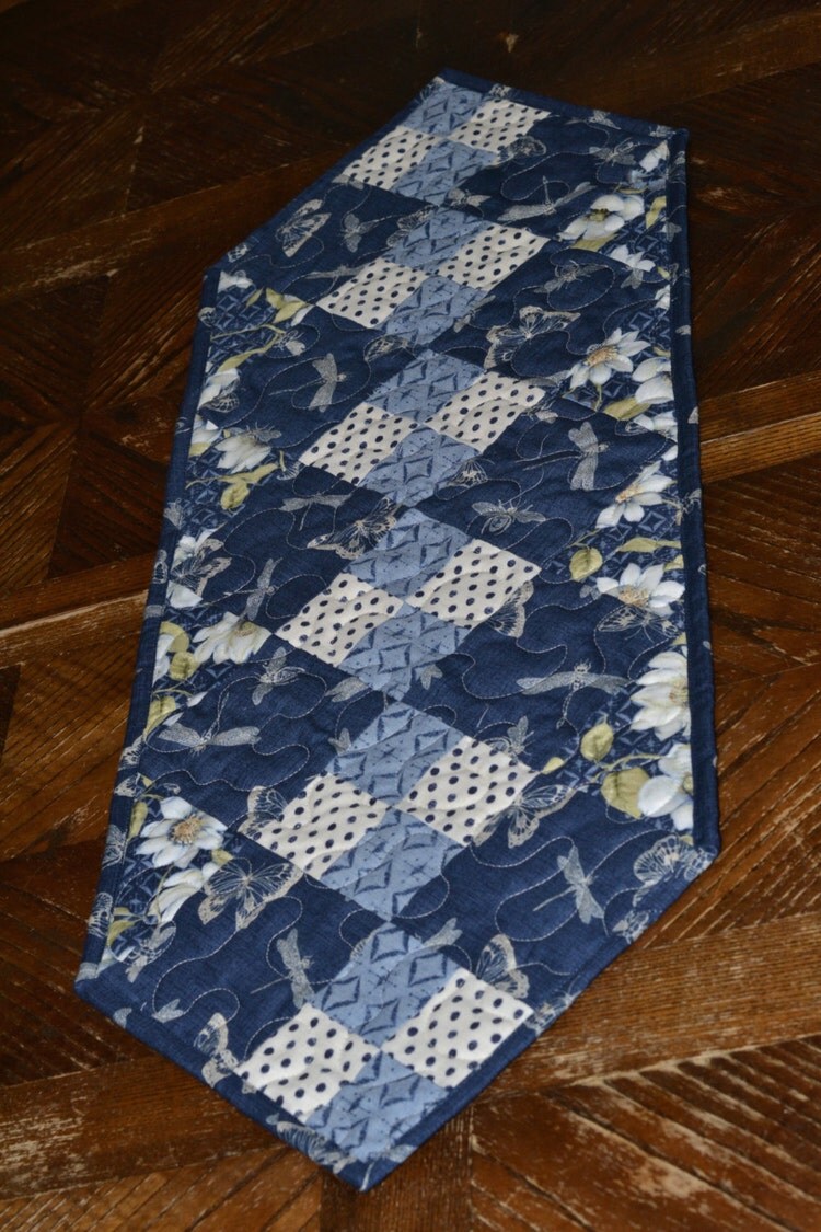 Blue Cream Quilted Table Runner Country Decor by MagpieQuilts