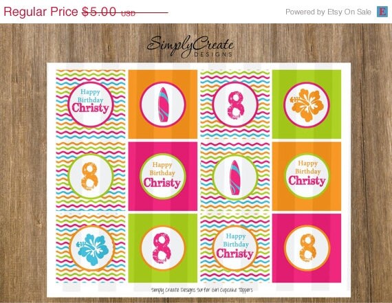 SALE Surf Party Beach Party Cupcake Toppers DIGITAL File 8.5x11 JPEG File Personalized Il_570xn