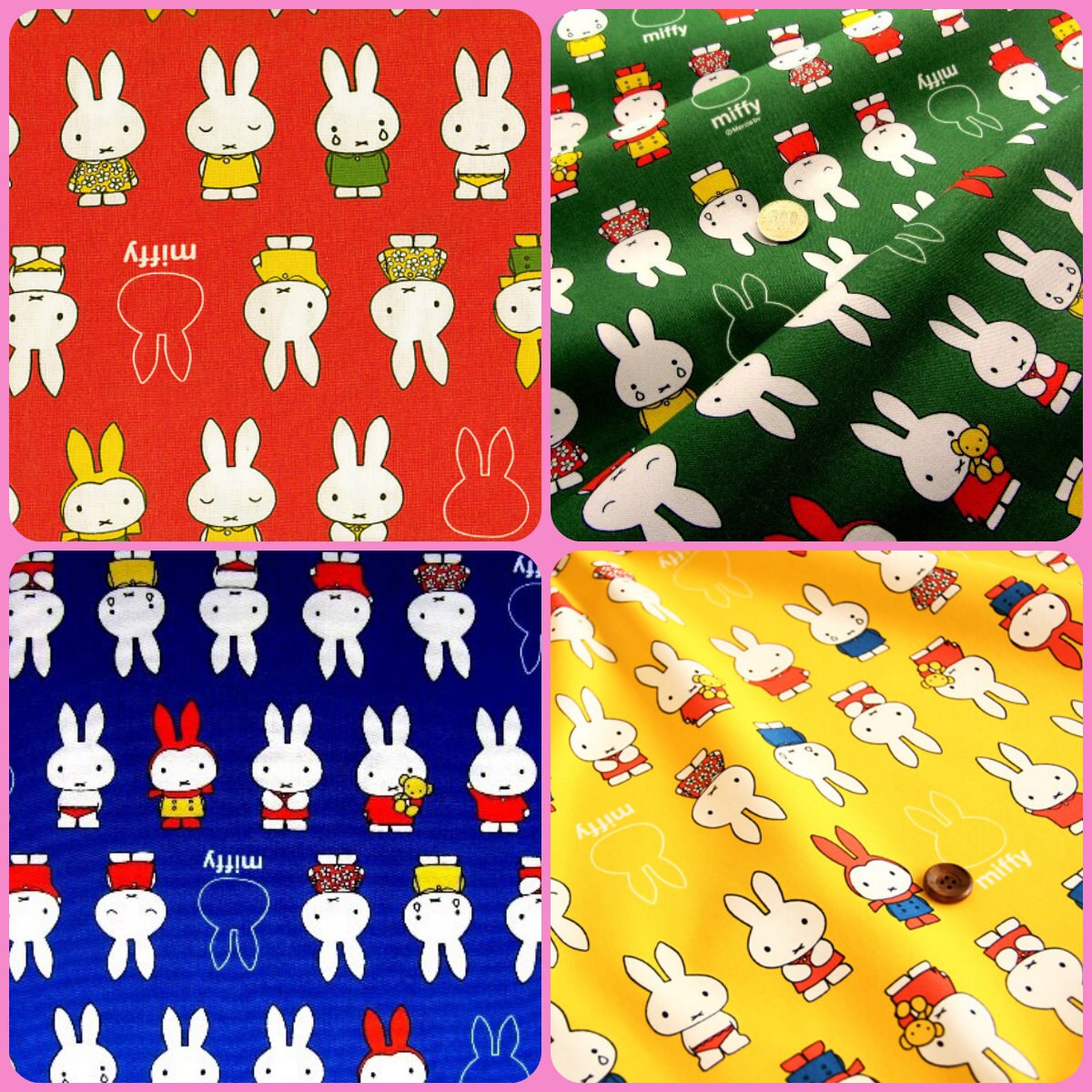 Miffy print cotton fabric set 4 scraps FQ each One yard in