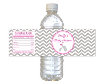 Printable Personalized Pink Chevron Elephant Baby Shower Water Bottle Labels Wrappers - Party Favors Baby Shower Items Baby Shower Favors