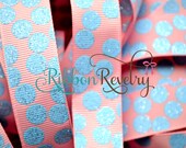 NEW Glitter Carolina Blue sparkly silly dots printed on pink 7/8" grosgrain ribbon- Gorgeous in person EASTER Il_170x135