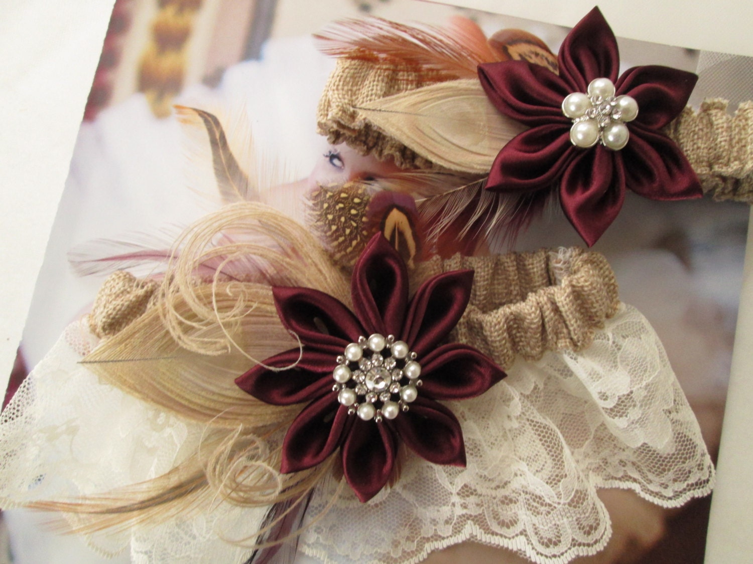 PLUS SIZE Brides Burlap Wedding Garter Set Marsala / Wine