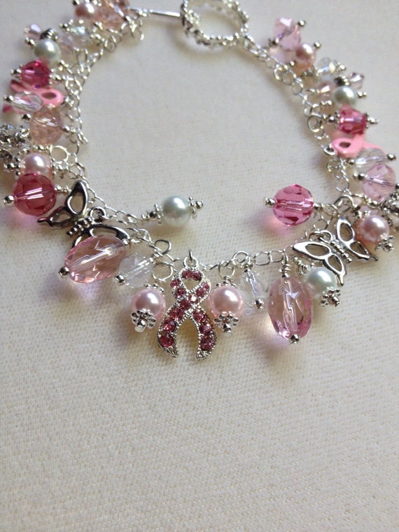 Breast cancer beaded charm bracelet