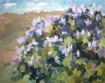 Oil landscape. Original oil painting. Spring landscape. Lilas in the valley.
