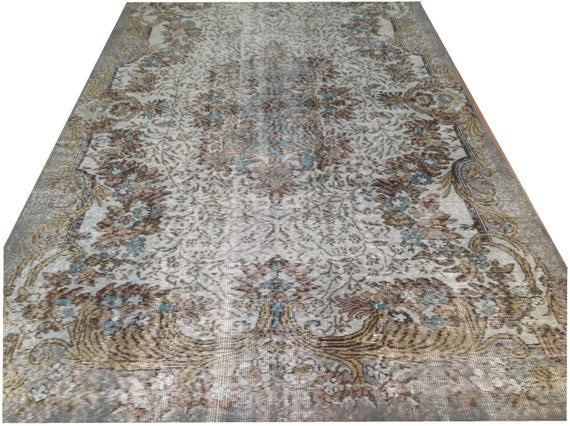 9'6" X  6 '7"  288  X 169 CM Beige,teal grey  Green and YellowVintage HANDMADE USHAK Turkish Rug, Overdyed Distressed Handmade Carpet