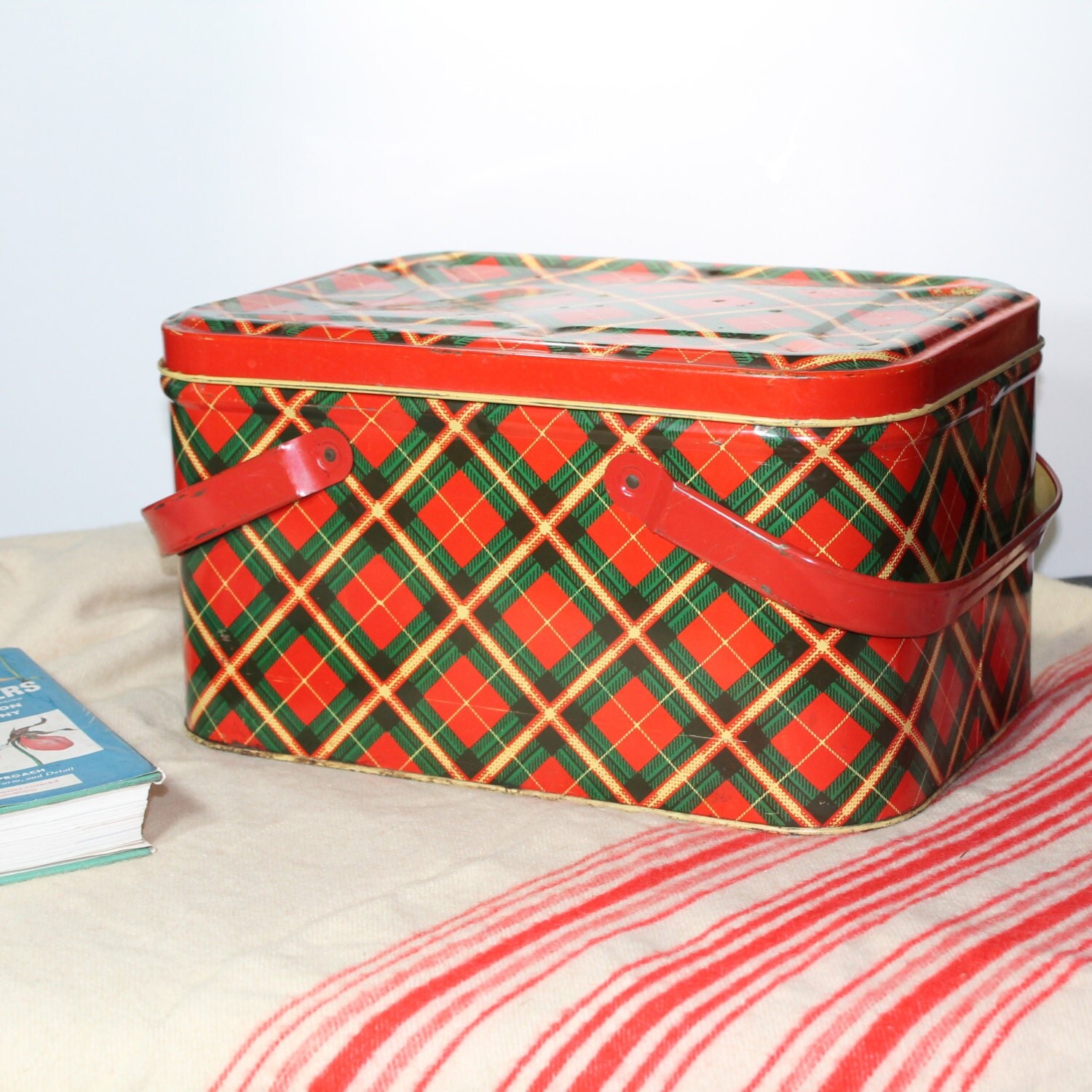 Vintage Red Plaid Tin Picnic Basket
