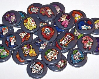 Day Of The Dead Sugar Skulls Set of 10 Buttons 1" or 1.5" Pin Back Buttons or 1" Magnets