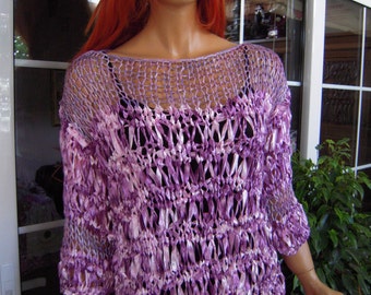 sweater in deep purple ribbon yarn handmade knitted sparkle all season sweater ready to ship last one in this shade by goldenyarn