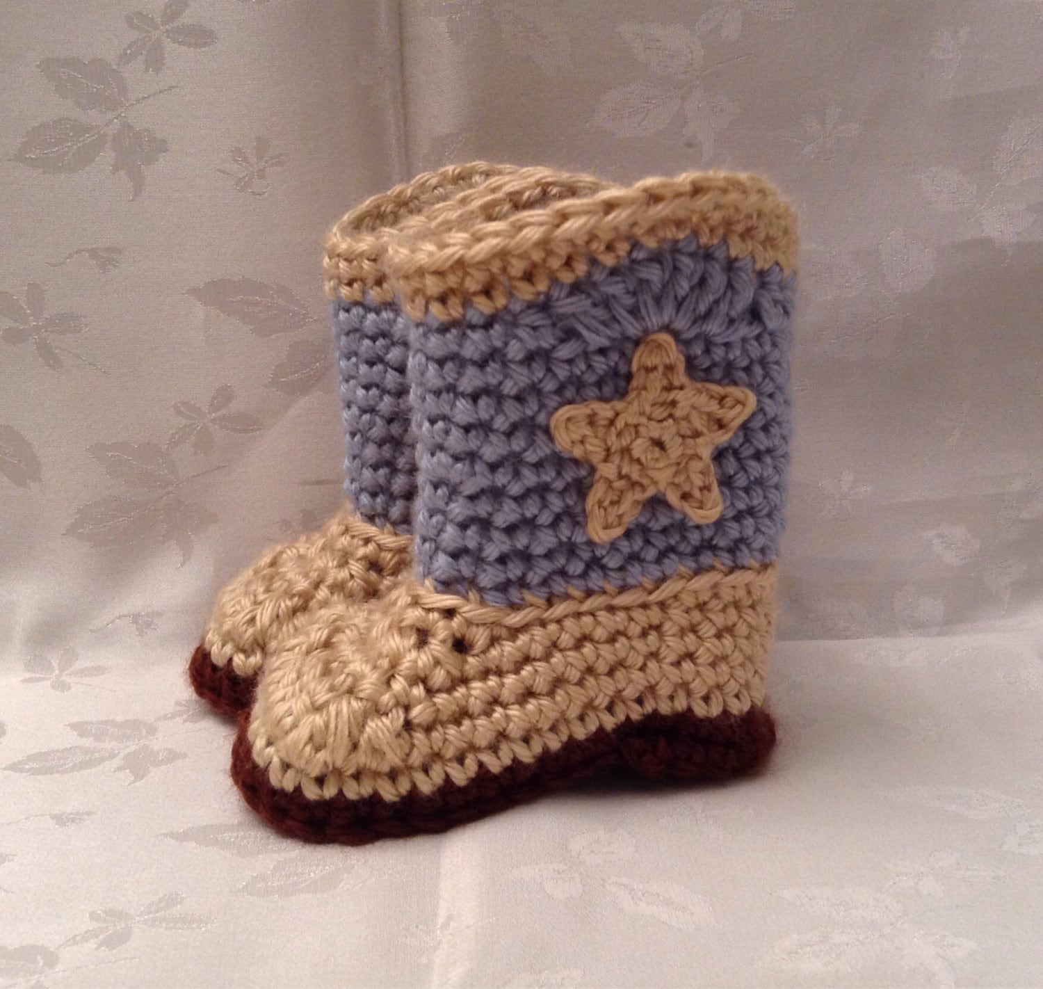 Blue and Tan Crochet baby cowboy booties 3 to 6 by Nannersbooties