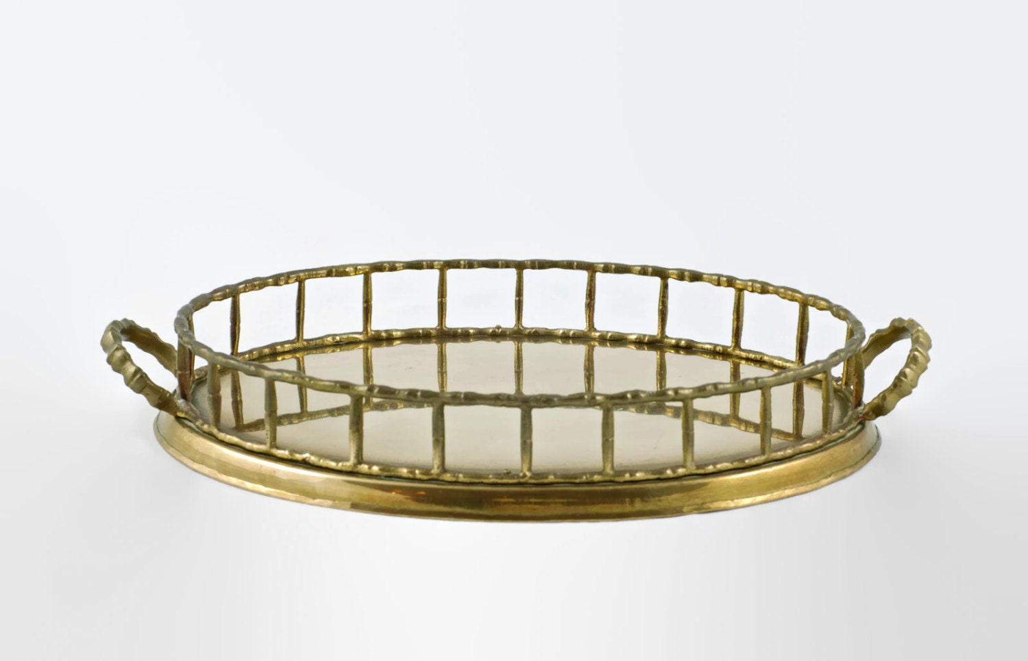 Large Vintage Brass Oval Tray with Faux Bamboo Gallery Edge Haute Juice