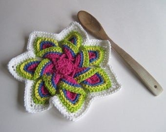 Crochet Flower Trivet Hot Pad - Bright, Pink, Blue, Green and Yellow with White