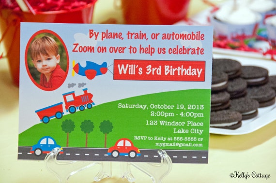 Planes, Trains, & Automobiles Photo Birthday Invitation.... Custom, Printable, Digital Il_570xn