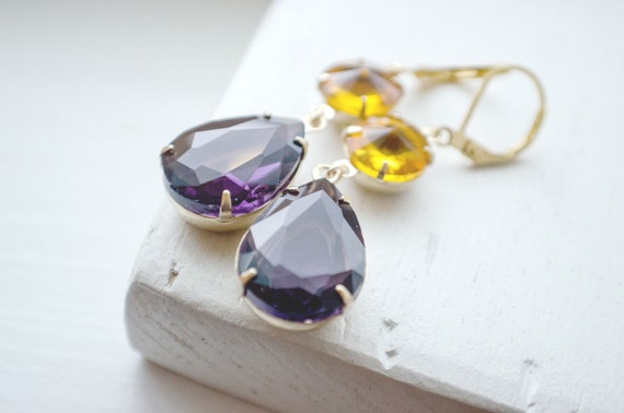 Purple Glass Earrings | Fall Bridesmaids Dangle Earrings | Team Colors | Crystal Drop Earrings | LA Lakers Vikings LSU Colors | Topaz Plum