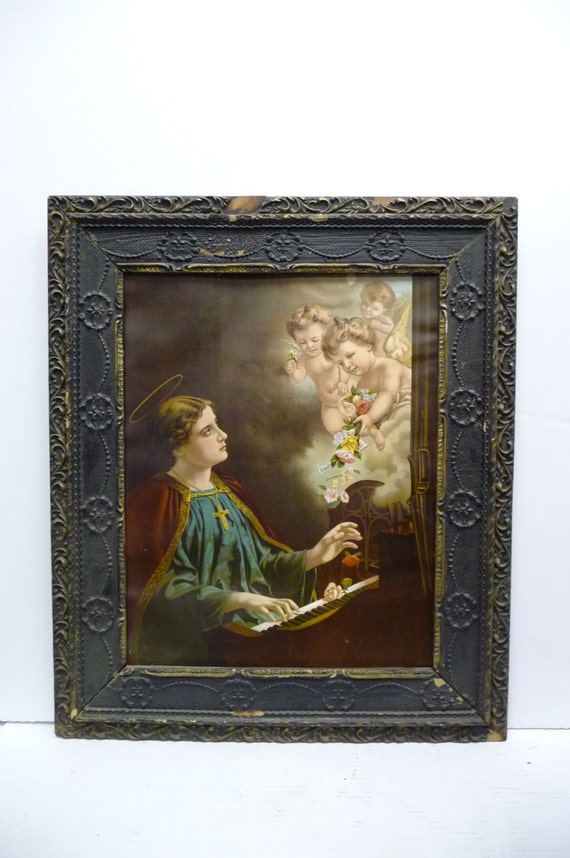 Antique Framed Religious print lithograph Saint Cecilia Music