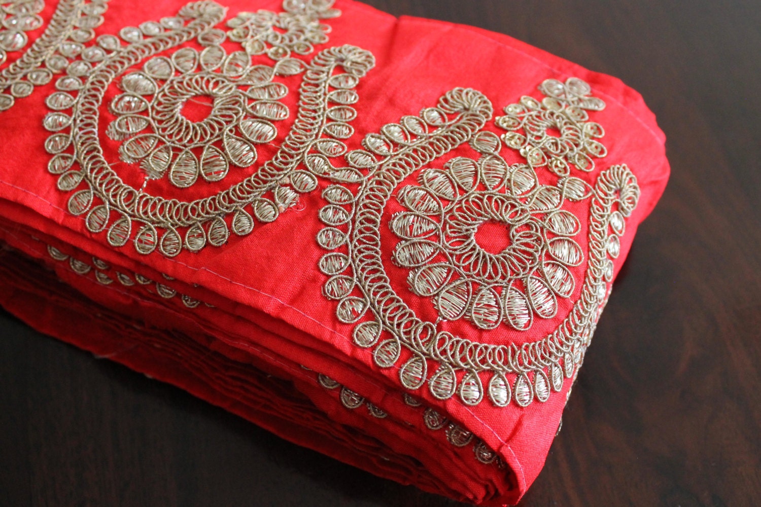 1 Yard Wide Red Fabric TrimEmbroidered Floral DesignGold