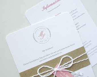 Vintage Chic Garden Floral Wedding Invitation Bespoke Design Bride Groom Logo Brown Paper wrap Band with Tag (Qty 20)