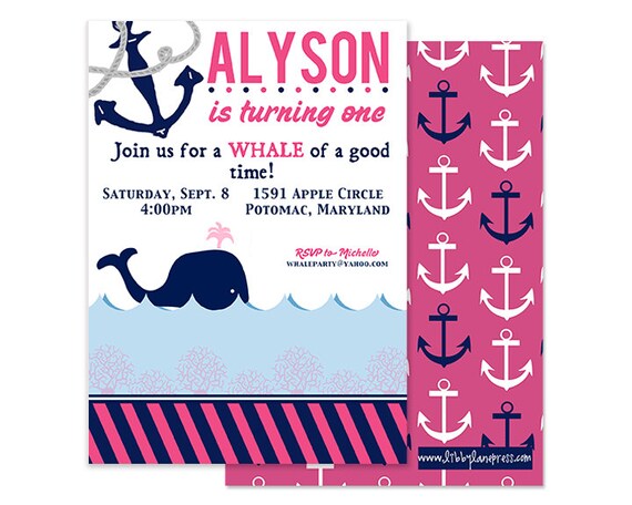 PREPPY WHALE Birthday Invitation, Pink and Navy, Nautical , Custom Printable Il_570xn