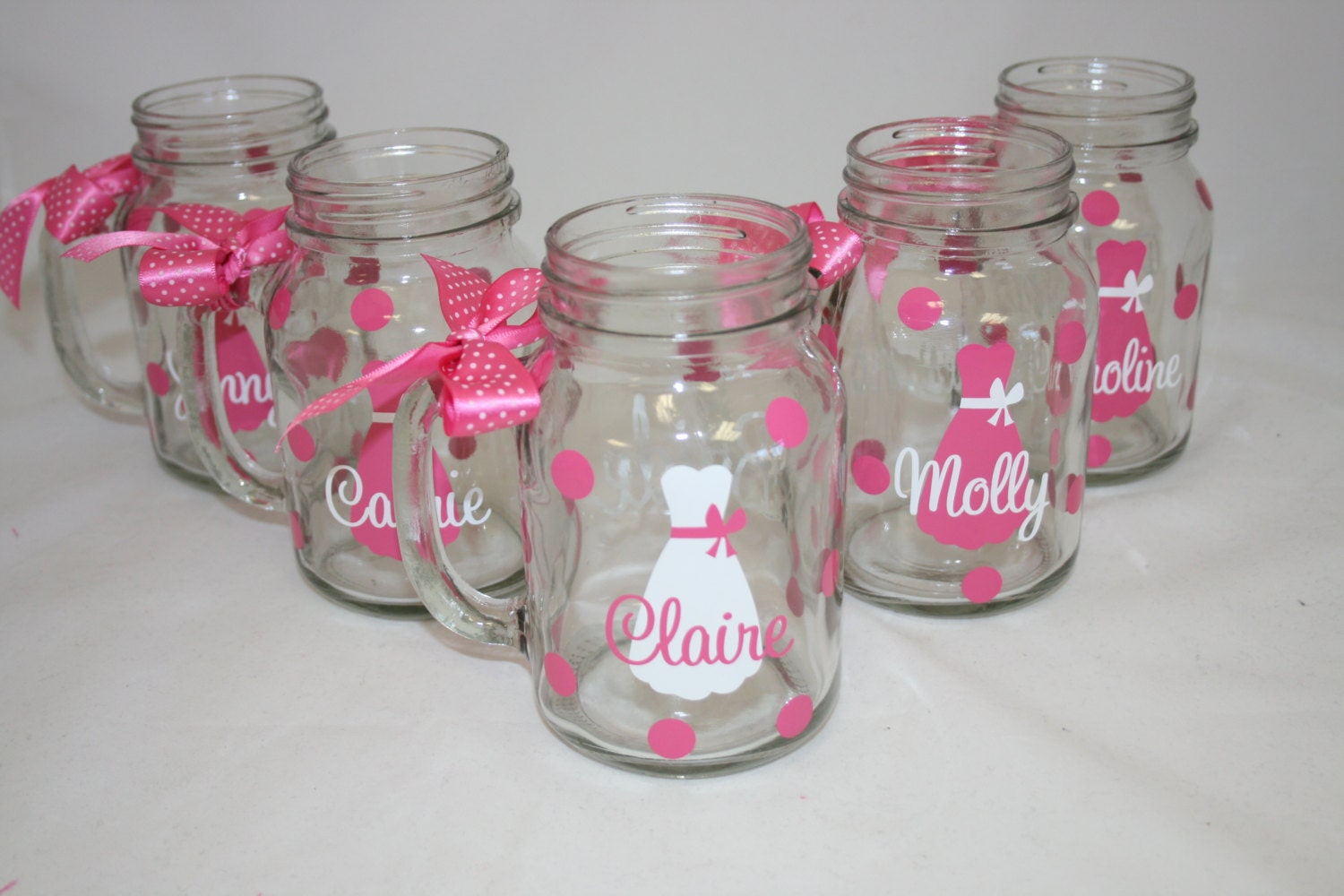 6 Personalized Mason Jar Glasses with Handle Bride and
