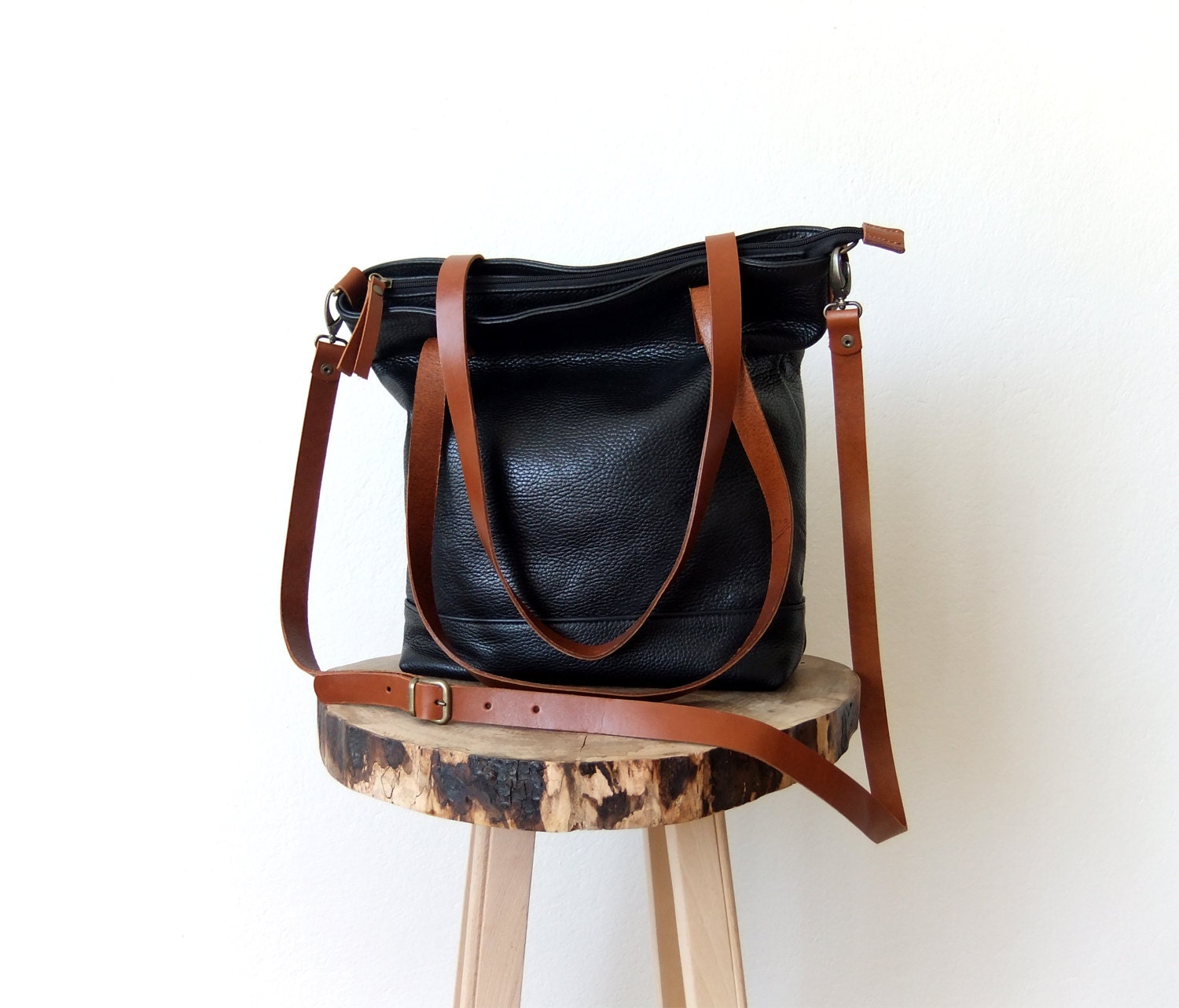 Leather Tote Bag in Black Light Brown Leather Handles
