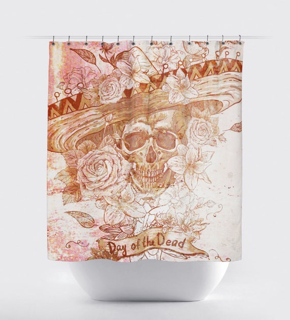 Sugar Skull Shower Curtain Day of the Dead Red and Tan High