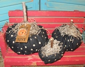 Primitive Folk Art Fall Prim Black and White Stained Polka Dot Fabric Pumpkins Ooak Set of 3 HAFAIR OFG FAAP