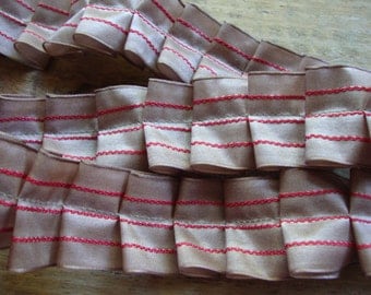 French Country Taupe and Red Stripe Handmade Ruffle Ribbon Trim