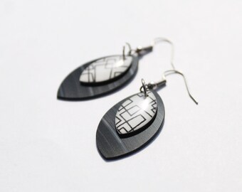 black dangle earrings modern earrings minimalist earrings recycled jewelry vinyl record jewelry geometric earrings leaf earrings eco jewelry