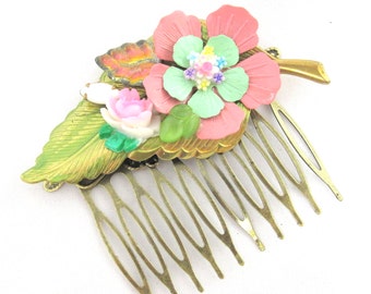 Pink and green Vintage Bridal HairComb- Collage Wedding Hairpiece- Hair Accessory- Statement fascinator
