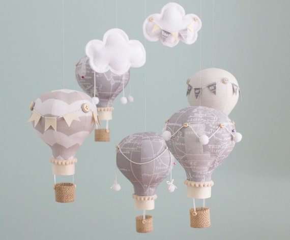 Heirloom Baby Mobile, Hot Air Balloon, Baby Mobile, Map Fabric, Travel Theme Nursery, Nursery Decor, Grey and Khaki, Baby Shower Gift