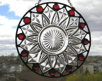 Stained Glass|Suncatcher|Vintage Plate|Federal Glass Plate|Vintage Plate Suncatcher|Red Glass Gems|Round Suncatcher|Handcrafted|Made in USA