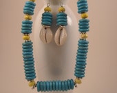 Afrocentric Turquoise and Yellow Magnesite Beads with Silver Pewter Accent Spacers Beaded Necklace and Dangle Earrings with Cowrie Shells