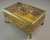 Ormolu Filigree & Glass Jewelry Casket // Trinket Dresser Box // from UBlinkItsgone