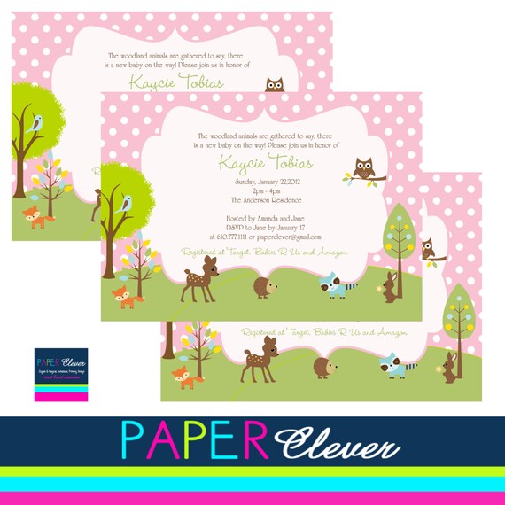 Girls Woodland Baby Shower Invitation - pink, birthday digital file, printable (#188) Il_570xn