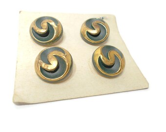 Vintage Buttons Green and Gold Metal (4) 1950s