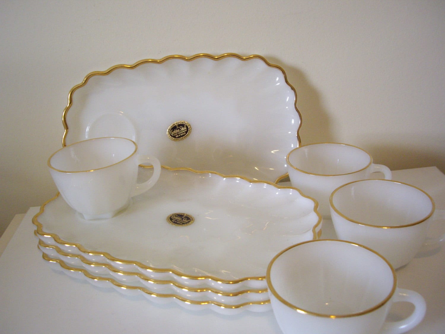 Vintage Milk Glass Cups and Plates Fireking Luncheon Plates
