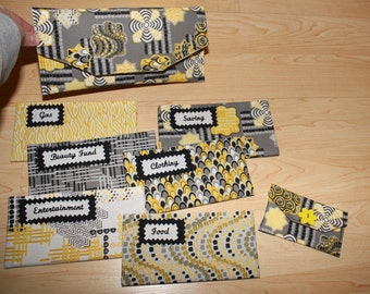 Fabric Cash Envelope system (clutch, coin purse, and 6 envelopes) - Yellow/Grey Mix READY TO SHIP