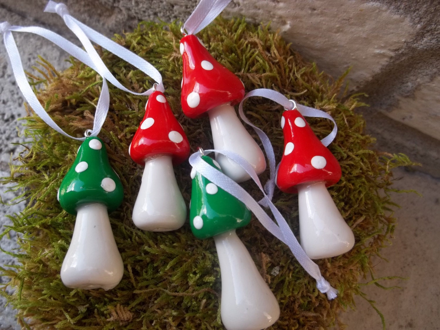 Set of 4 Mushroom Christmas ornaments handmade holiday home decoration fairy tree red green woodland fungi toadstools