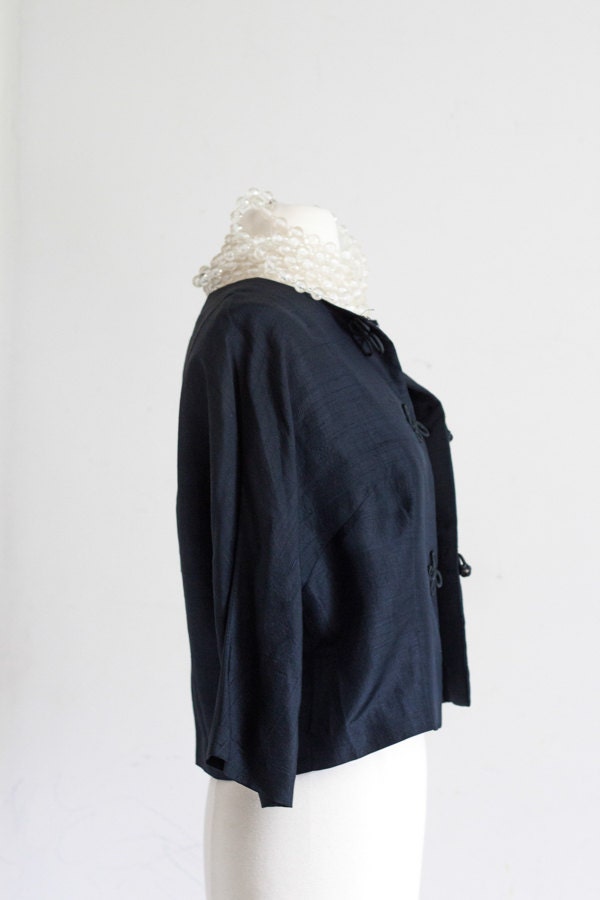 1950's Silk Cropped Jacket Navy Blue Asian Crop Womens