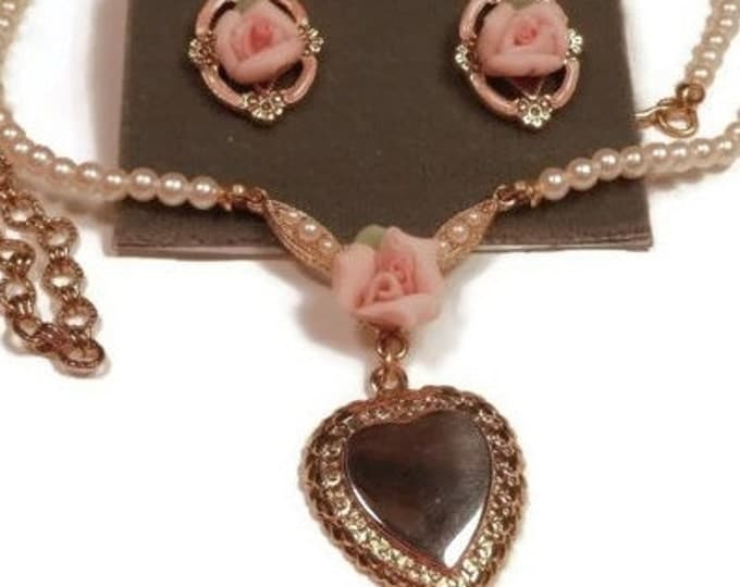 FREE SHIPPING 1928 necklace and earrings, porcelain rose and faux pearl with heart ready for engraving