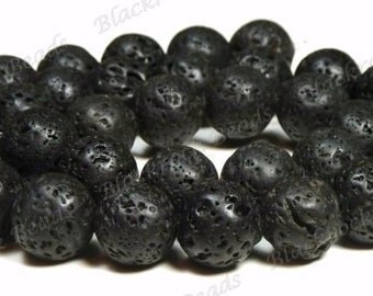 8mm Black Natural Lava Rock Beads - 15.5 Inch Strand - Round Lava Beads - BB2