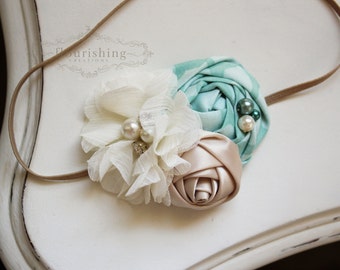 Mint and Ivory headband, mint flower headbands, ivory headbands, baby headbands, newborn headbands, photography prop
