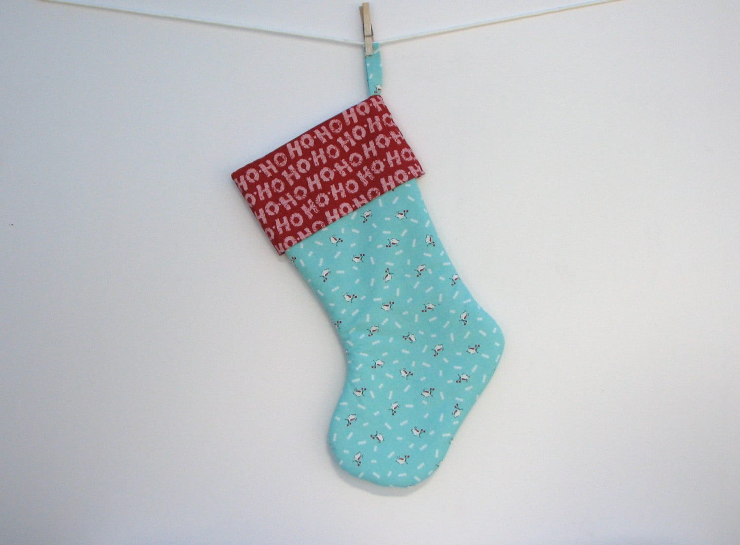 christmas stocking -birds with berries and turquoise background HOHO words on red band, strong, handmade, whimsical, home decor