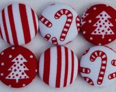 CHRISTMAS TREES, CANDY canes, and stripes, stocking stuffer, holiday fabric button magnet, covered button magnet, kitchen magnet -- set of 6 Il_170x135
