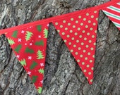 CHRISTMAS TREES and dots holiday fabric flag garland, lime green striped mantle flag pennant bunting banner - 9 feet Il_170x135